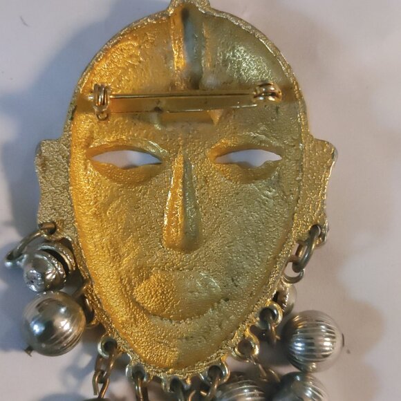Large Tribal Mask Brooch Pin Mayan Aztec African Vintage Dangling Silver Balls - Picture 2 of 13